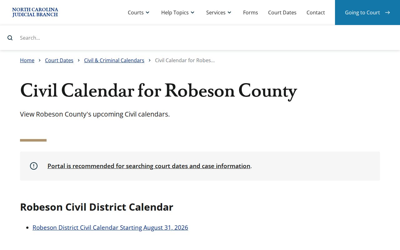 Robeson County court dates civil calendar results route