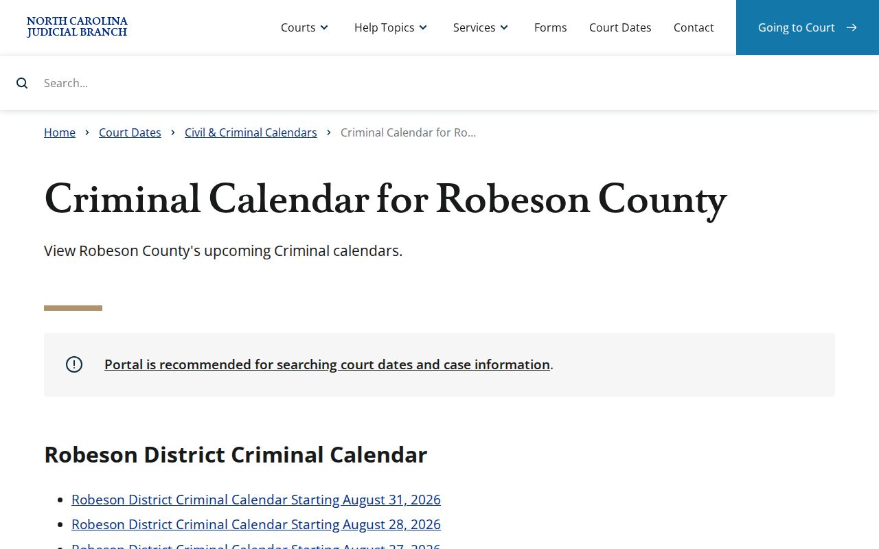 Robeson County court dates criminal calendar results route