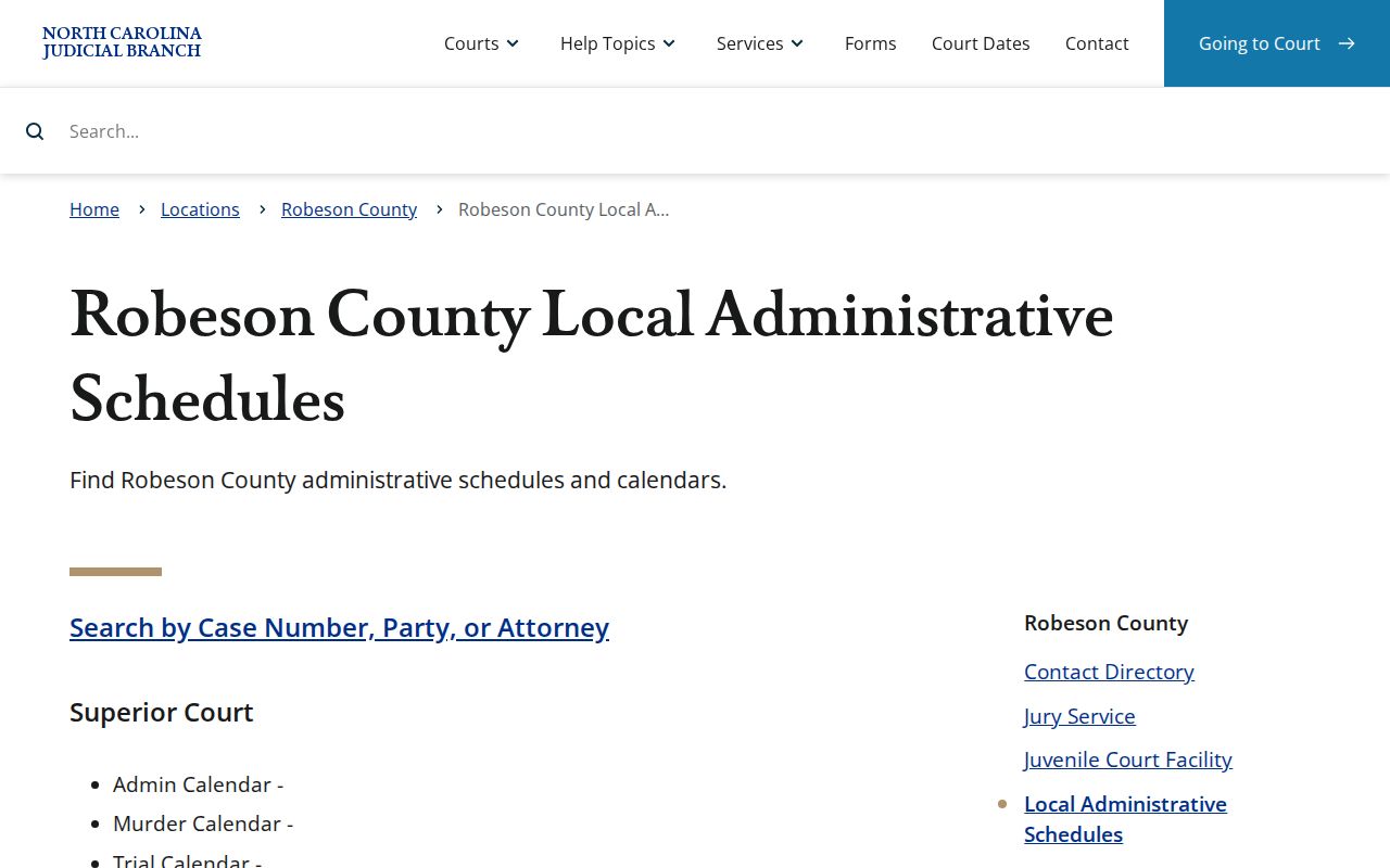 Robeson County court dates local schedule categories