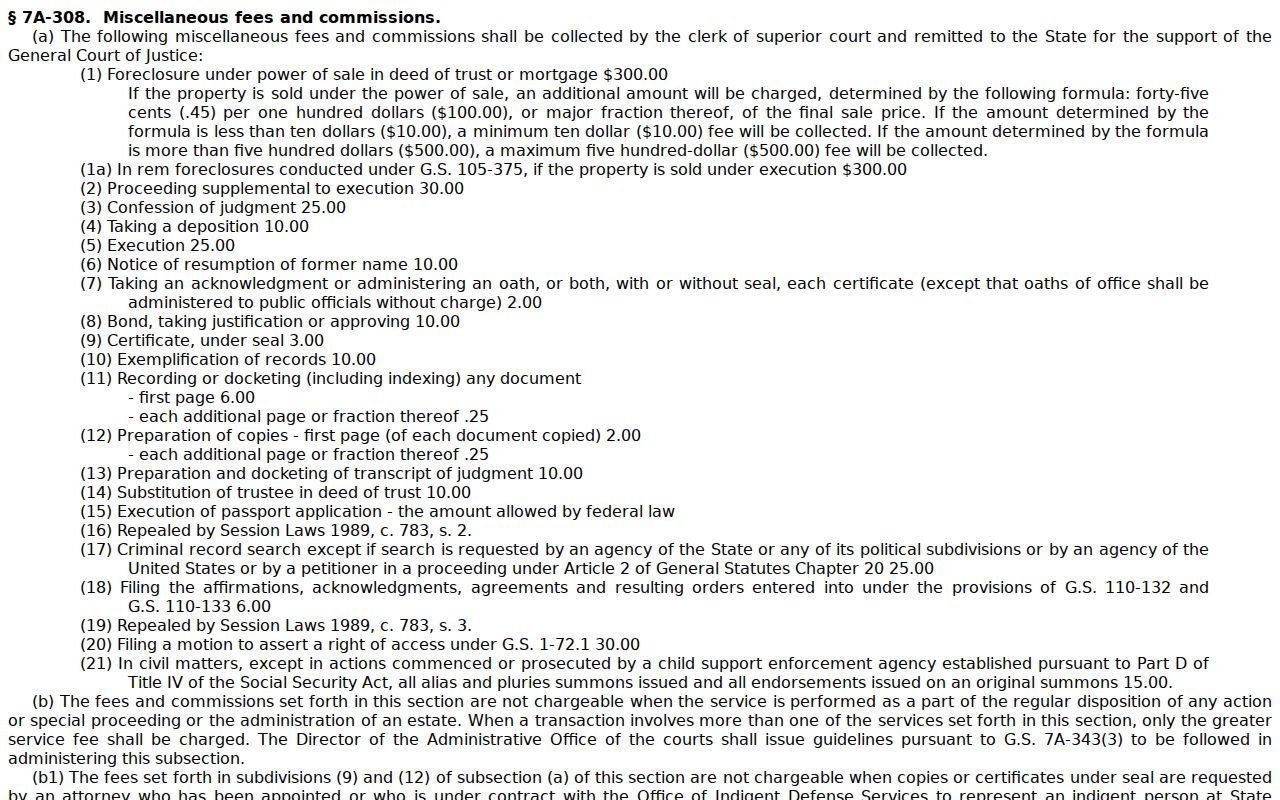 Robeson County court records statutory copy and certificate fee schedule