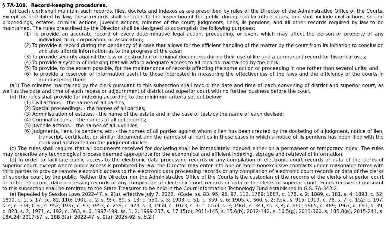 Robeson County criminal docket search court record custody statute
