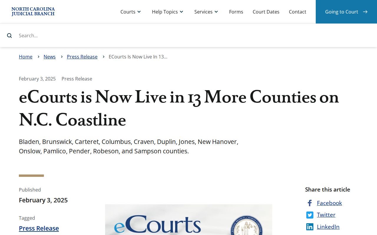 Robeson County court docket eCourts launch announcement