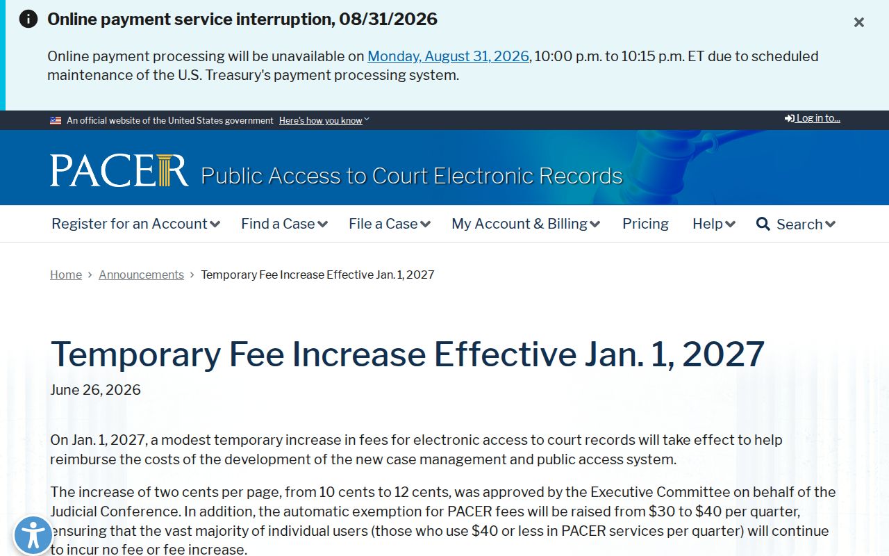 Maxton court records PACER federal fee announcement