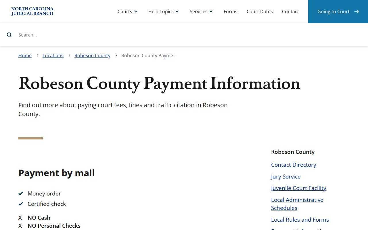 Robeson County traffic ticket court record payment information panel